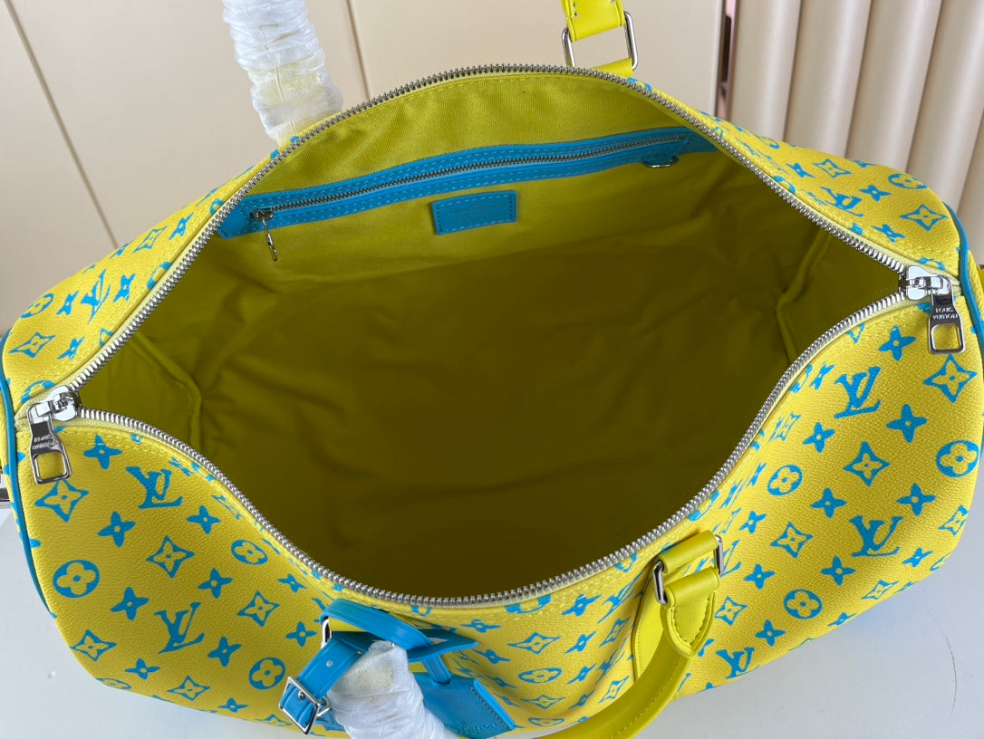 Mala de Viagem Couro Padrão Monograma Geométrico Verde Limão 50cm