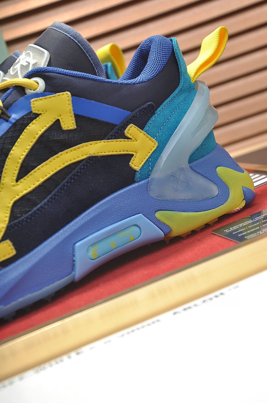 Tênis Runner Couro Azul Amarelo Detalhe Transversal
