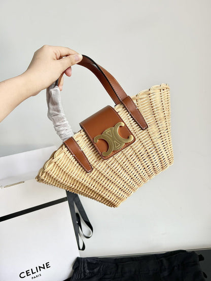 Bolsa Cesta Palha e Couro Natural Alças Marrom