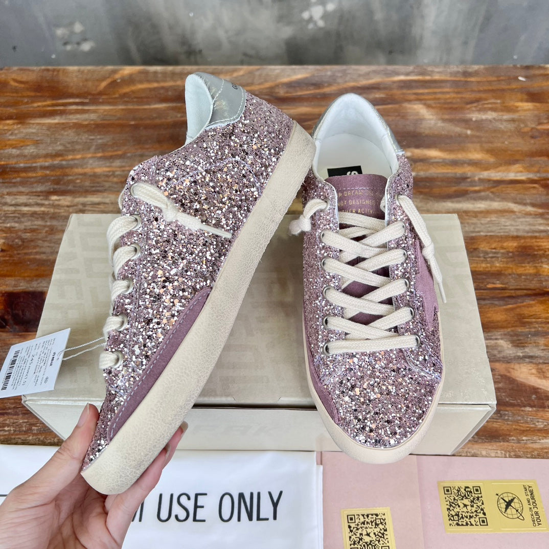 Tênis Couro Branco Glitter Rosa Detalhes Dourados