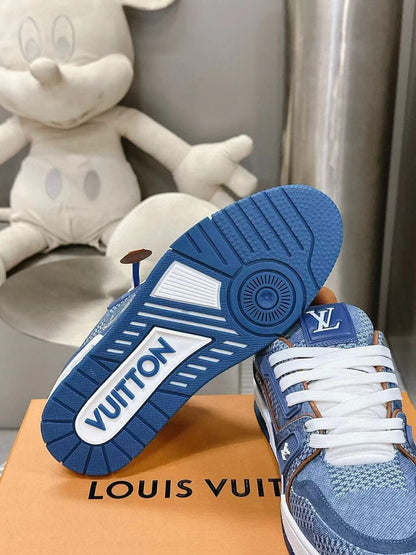 Tênis Couro e Denim Azul Padrão Quadriculado 3D
