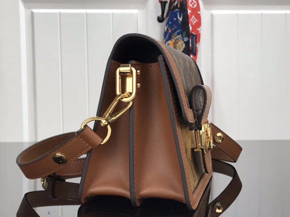 Bolsa Tiracolo Mini Couro Canvas Padrão Monograma Geométrico Marrom