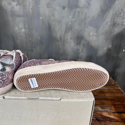 Tênis Couro Branco Glitter Rosa Detalhes Dourados