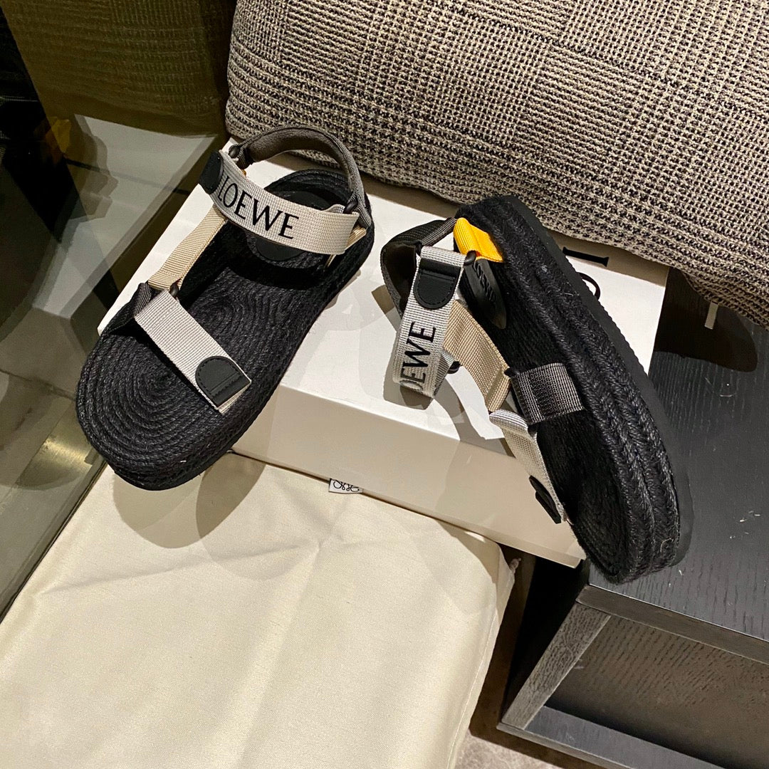 Sandália Espadrilhe Nylon Preto e Bege Tiras Ajustáveis