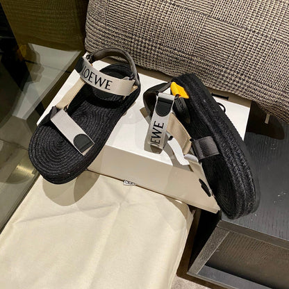 Sandália Espadrilhe Nylon Preto e Bege Tiras Ajustáveis