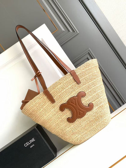 Bolsa Cesto Médio Palha Natural Alças Couro
