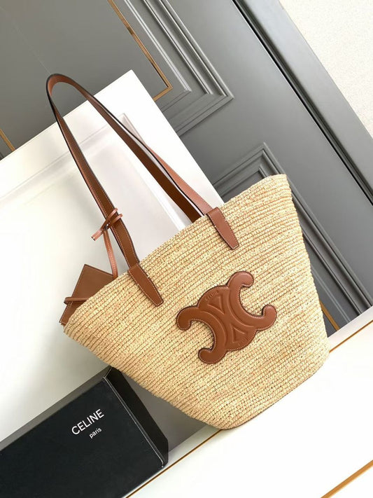 Bolsa Cesto Médio Palha Natural Alças Couro