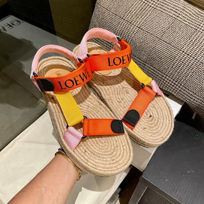 Sandália Espadrilha Nylon Bege com Tiras Laranja