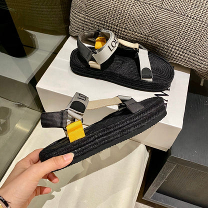 Sandália Espadrilhe Nylon Preto e Bege Tiras Ajustáveis
