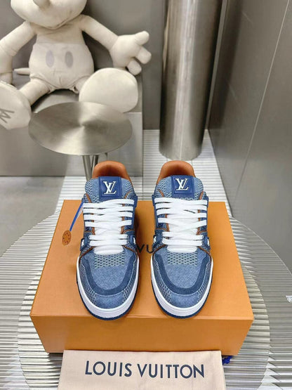 Tênis Couro e Denim Azul Padrão Quadriculado 3D