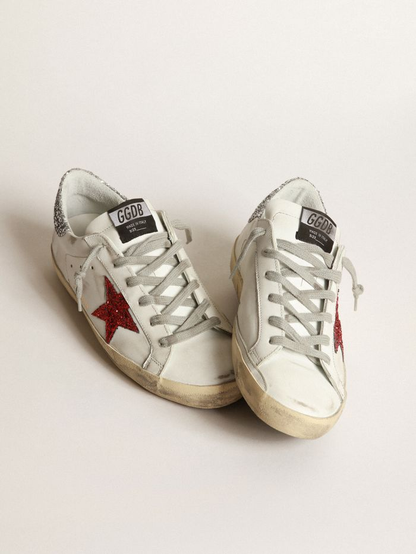 Tênis Couro Branco Estrela Glitter Vermelho
