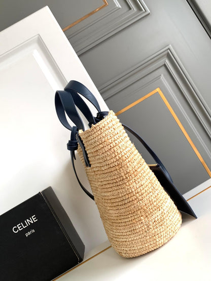 Bolsa Cesto Médio Palha Natural e Couro