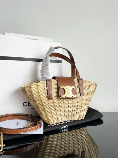 Bolsa Cesta Palha e Couro Natural Alças Marrom