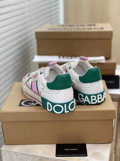 Tênis Couro Branco Detalhe Rosa e Verde