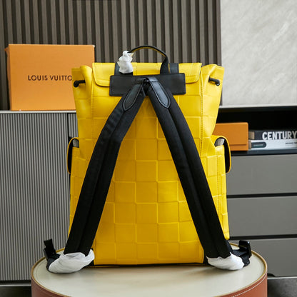 Mochila Couro Amarela Padrão Monograma Geométrico