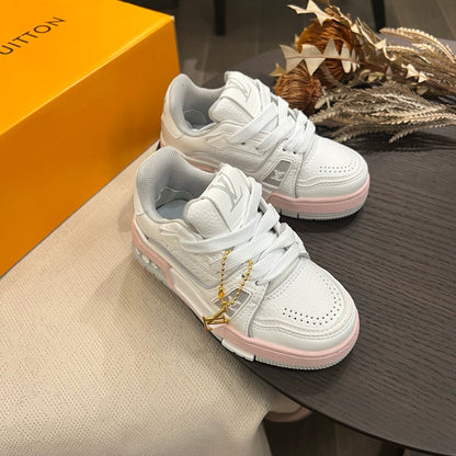 Tênis Infantil Couro Rosa e Branco Cano Baixo