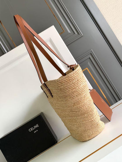 Bolsa Cesto Médio Palha Natural Alças Couro