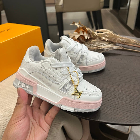 Tênis Infantil Couro Rosa e Branco Cano Baixo