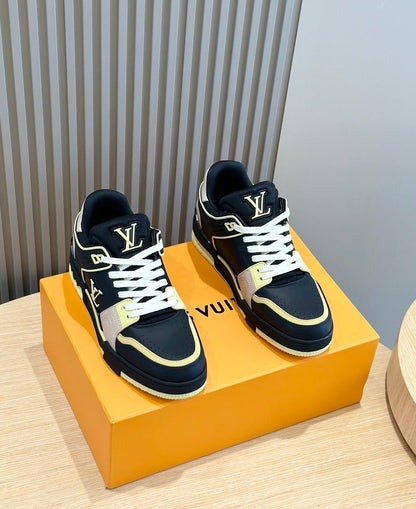 Tênis Casual Couro Branco Preto Amarelo
