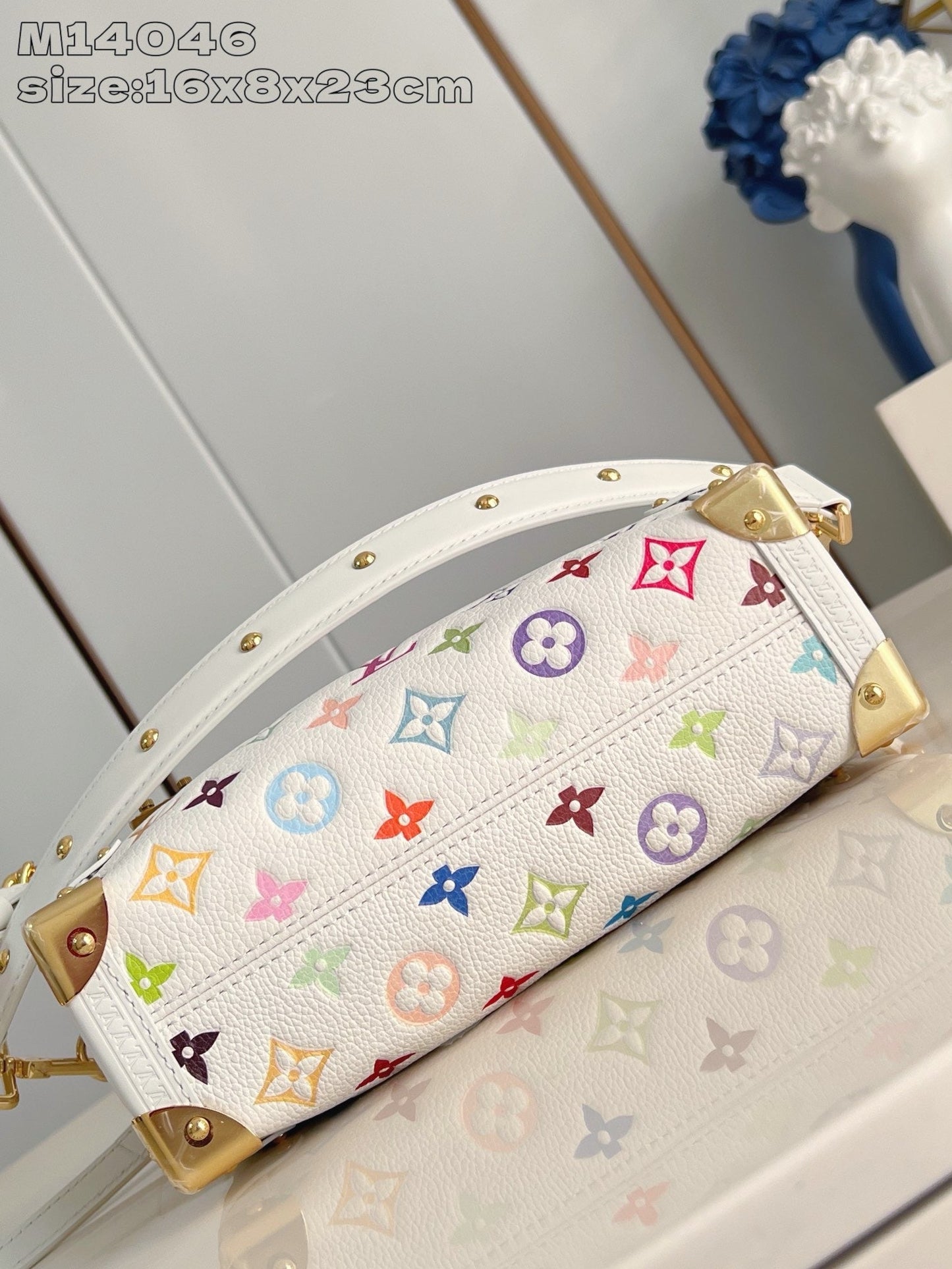 Bolsa Satchel Couro Branco Detalhes Multicoloridos Lateral