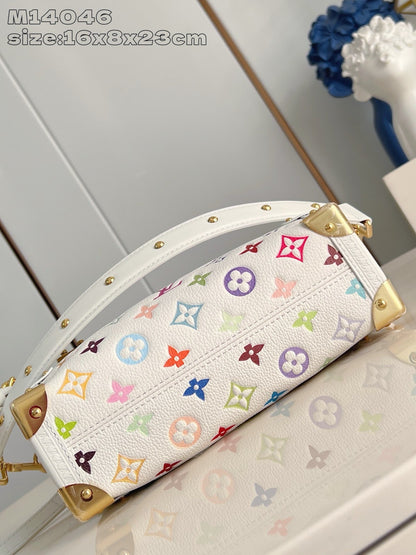 Bolsa Satchel Couro Branco Detalhes Multicoloridos Lateral