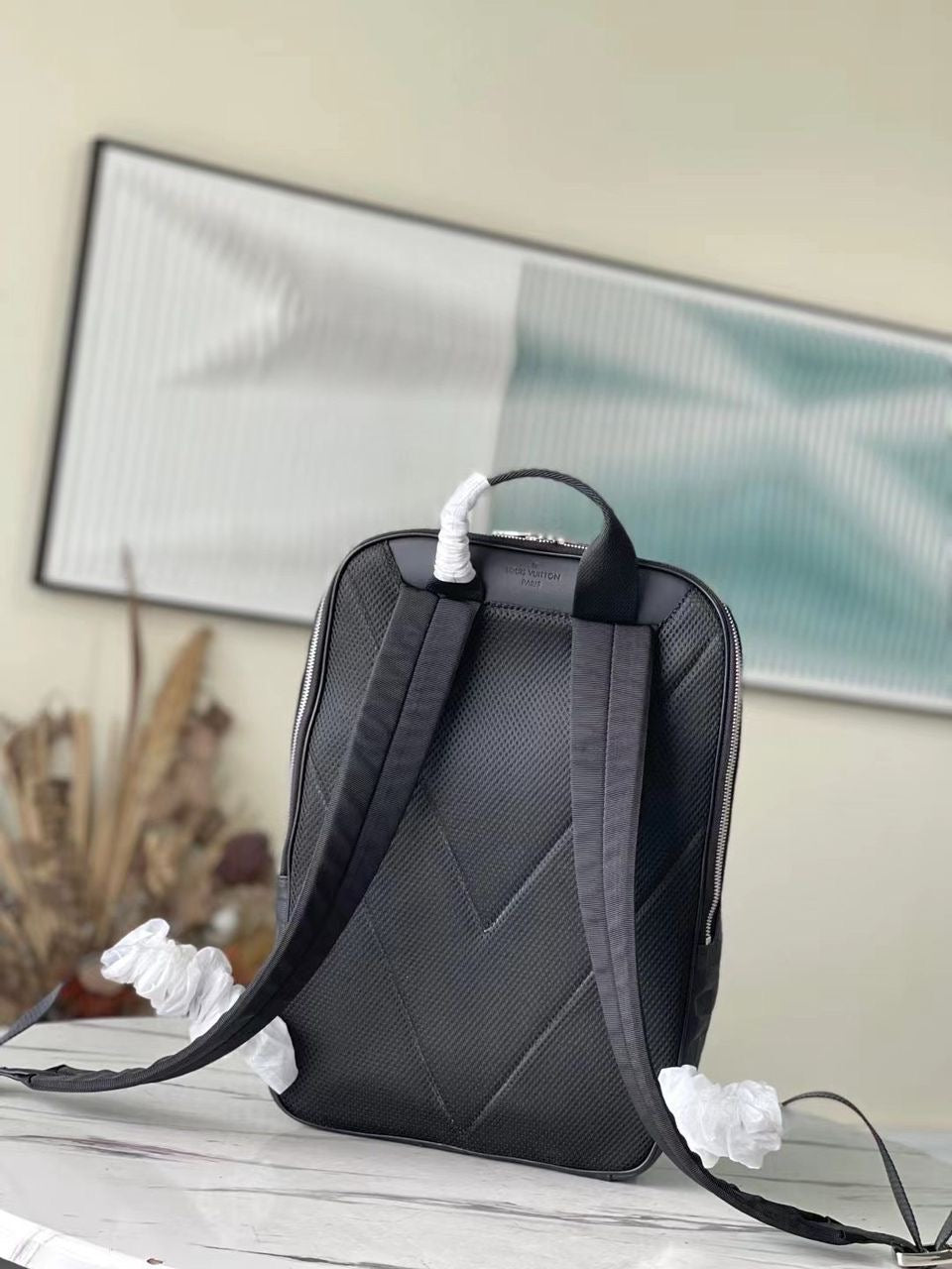 Mochila Couro Padrão Quadriculado Marrom Escuro