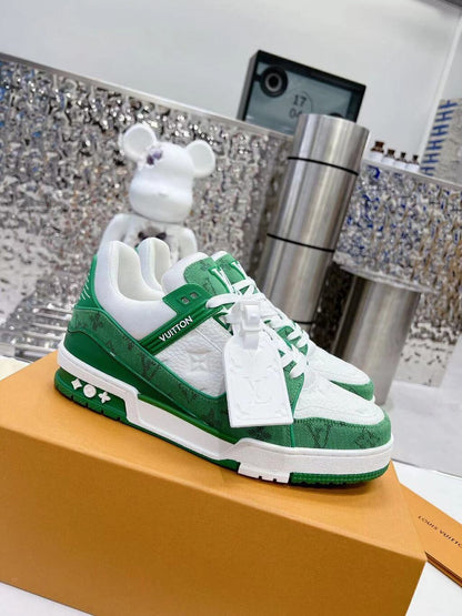 Tênis Denim Branco Padrão Monograma Geométrico Verde