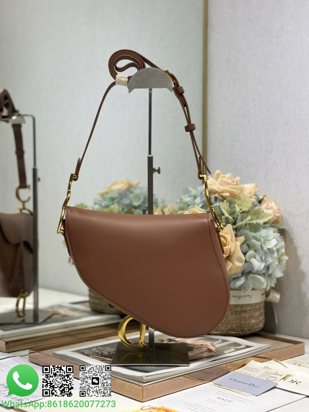 Bolsa Saddle Lona Padrão Inclinado Bege