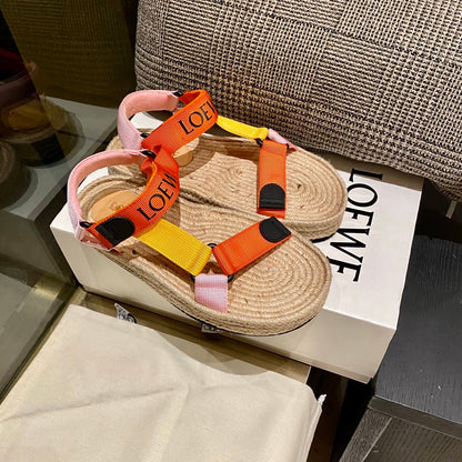 Sandália Espadrilha Nylon Bege com Tiras Laranja