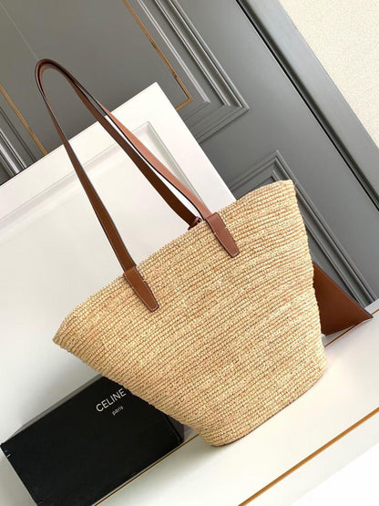 Bolsa Cesto Médio Palha Natural Alças Couro