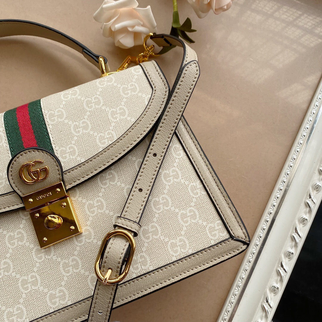 Bolsa Satchel Couro Alça Superior Padrão Listra Verde e Vermelha Pequena