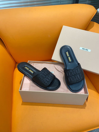 Sandália Slide Tecido Efeito Ráfia Preto
