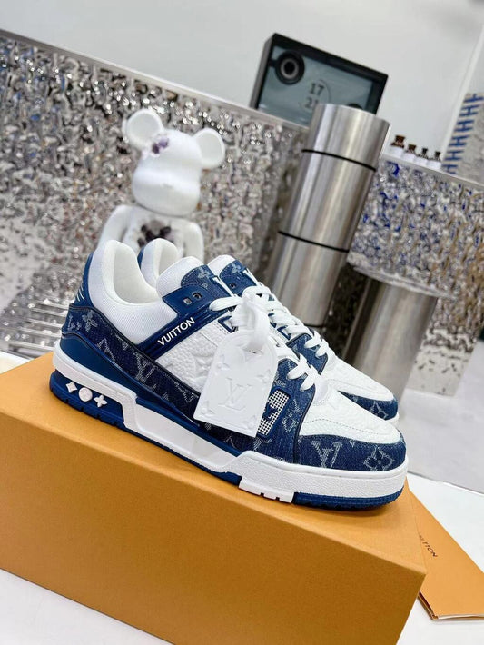 Tênis Casual Couro Jeans Branco Azul Jeans Padrão Monograma Geométrico
