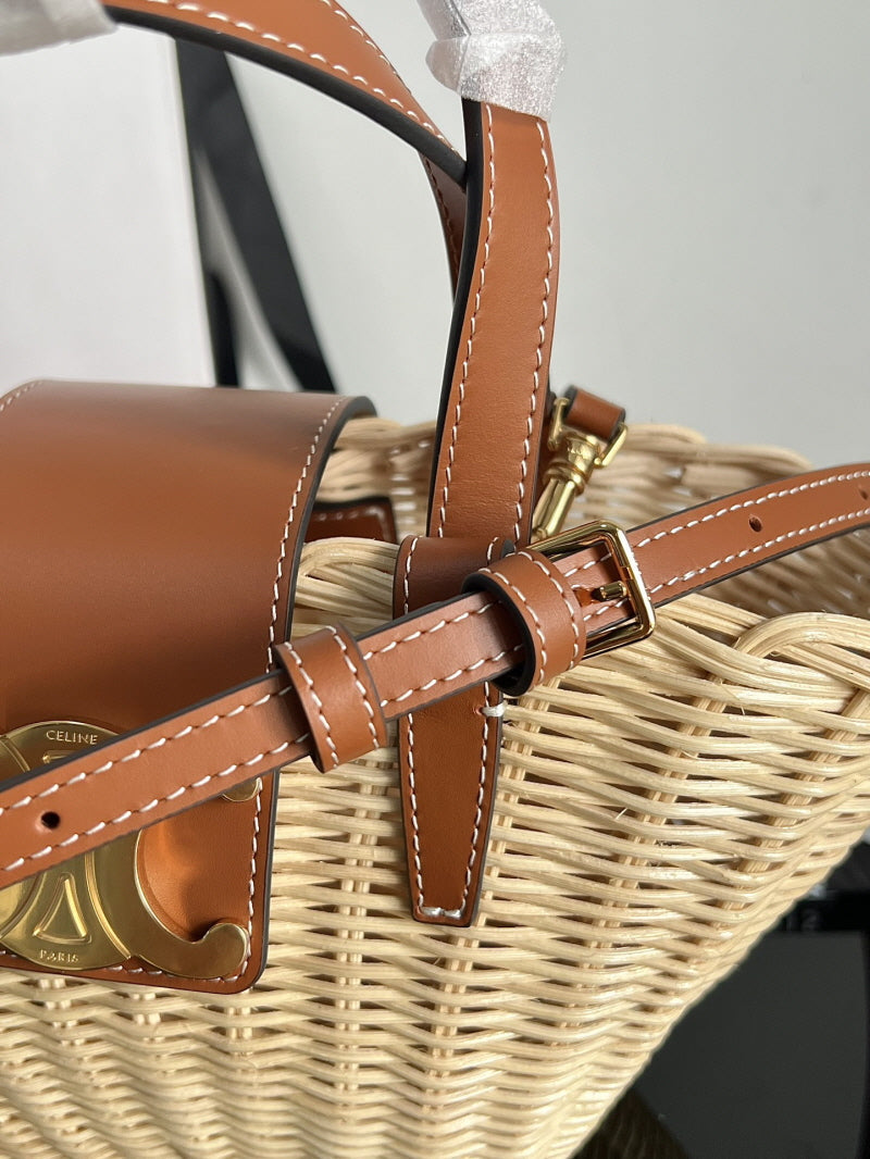 Bolsa Cesta Palha e Couro Natural Alças Marrom