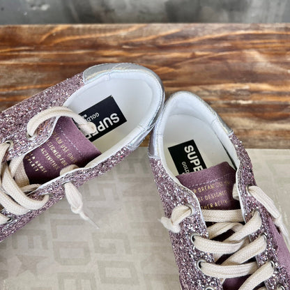 Tênis Couro Branco Glitter Rosa Detalhes Dourados
