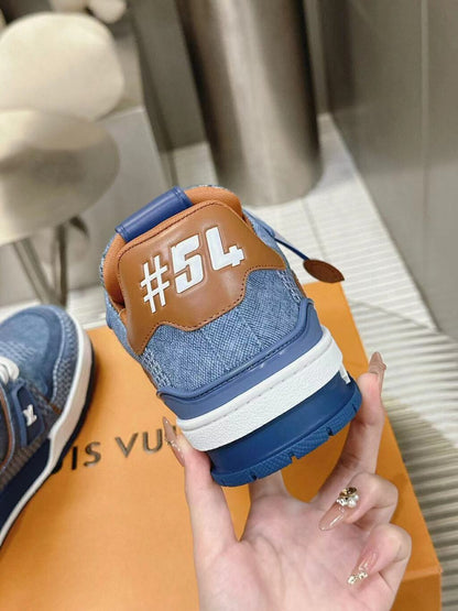 Tênis Couro e Denim Azul Padrão Quadriculado 3D