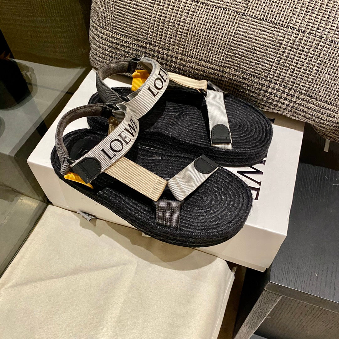 Sandália Espadrilhe Nylon Preto e Bege Tiras Ajustáveis