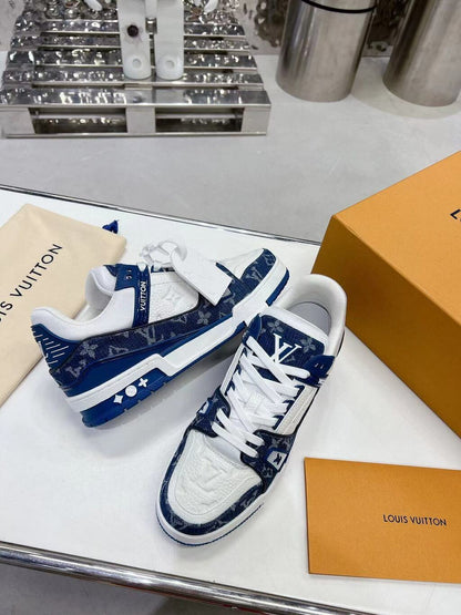Tênis Casual Couro Jeans Branco Azul Jeans Padrão Monograma Geométrico
