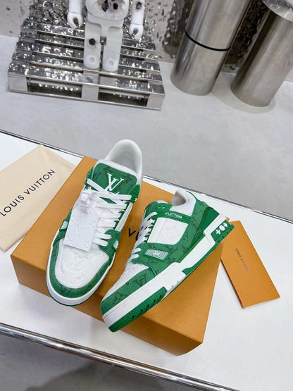 Tênis Denim Branco Padrão Monograma Geométrico Verde