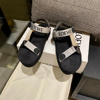 Sandália Espadrilhe Nylon Preto e Bege Tiras Ajustáveis