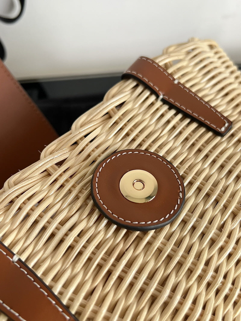Bolsa Cesta Palha e Couro Natural Alças Marrom
