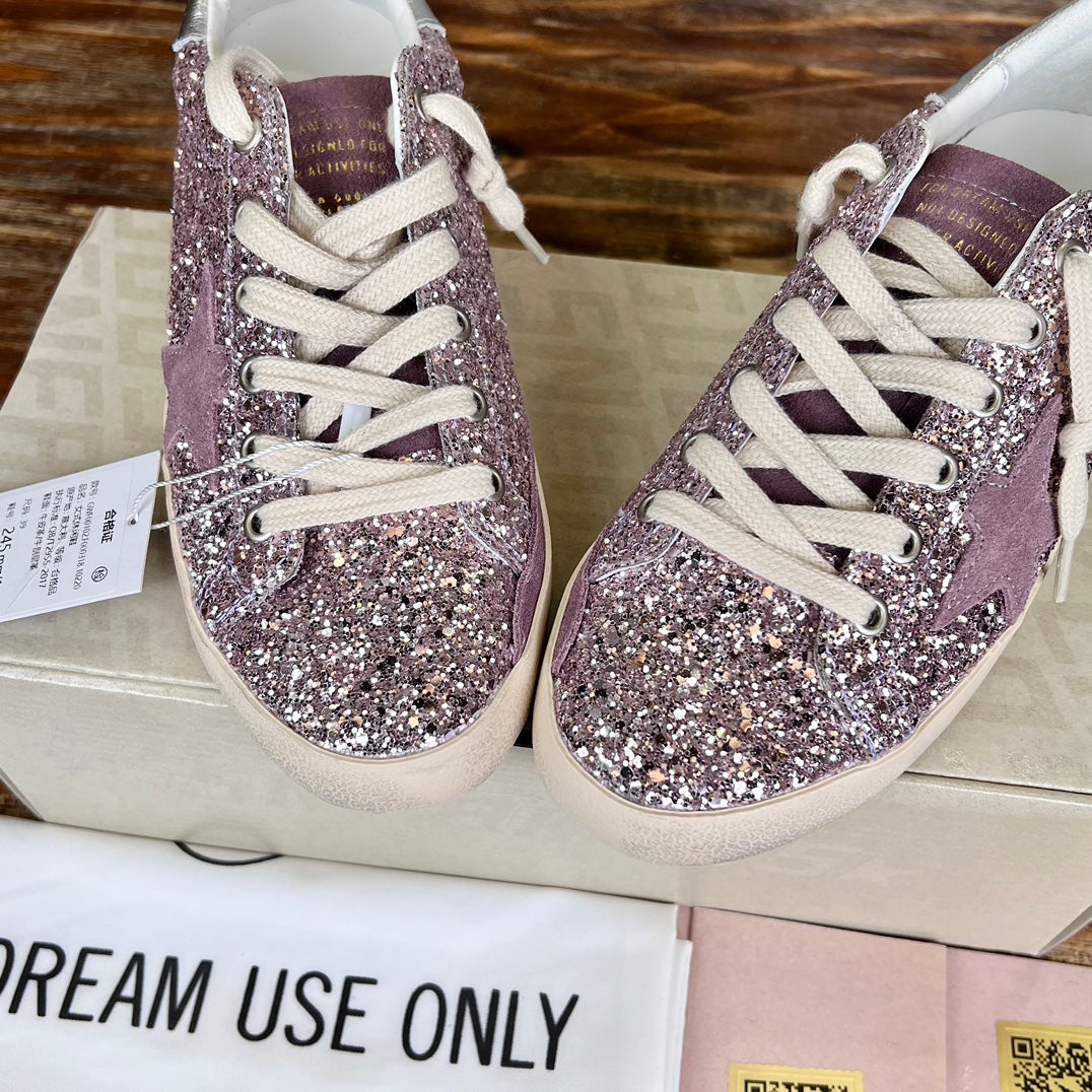 Tênis Couro Branco Glitter Rosa Detalhes Dourados