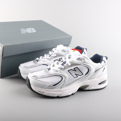 Tênis Runner Malha Branco Prata e Azul Marinho