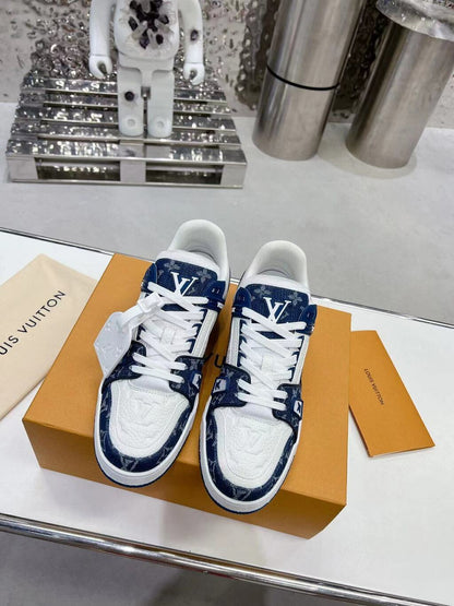 Tênis Casual Couro Jeans Branco Azul Jeans Padrão Monograma Geométrico