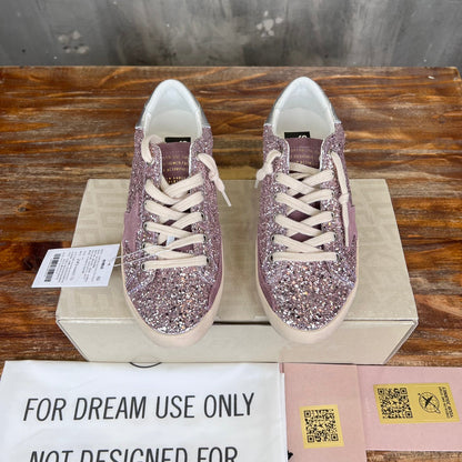 Tênis Couro Branco Glitter Rosa Detalhes Dourados