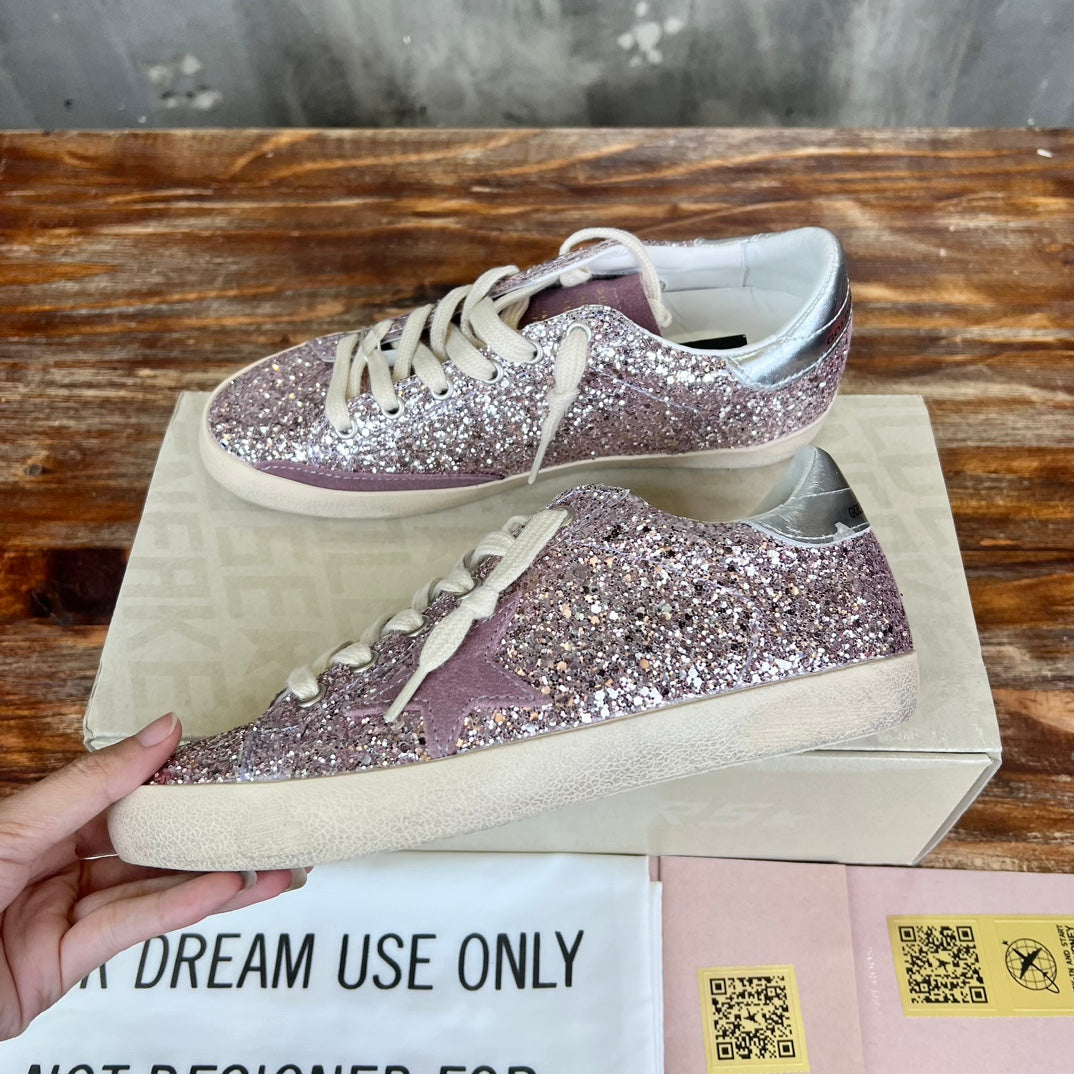Tênis Couro Branco Glitter Rosa Detalhes Dourados