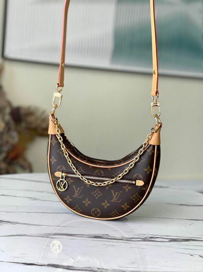 Bolsa Alça Loop Couro Padrão Monograma Geométrico Marrom
