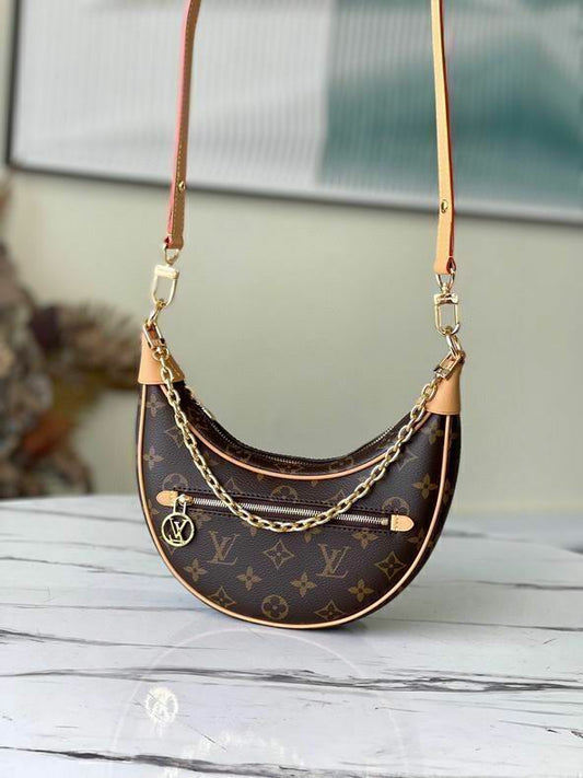 Bolsa Alça Loop Couro Padrão Monograma Geométrico Marrom