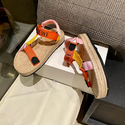 Sandália Espadrilha Nylon Bege com Tiras Laranja