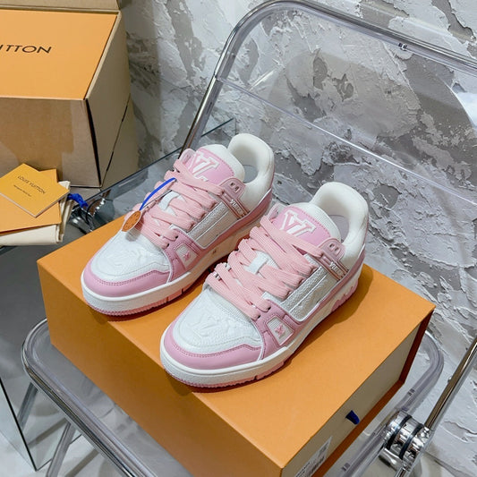 Tênis Couro Rosa Detalhes Brancos